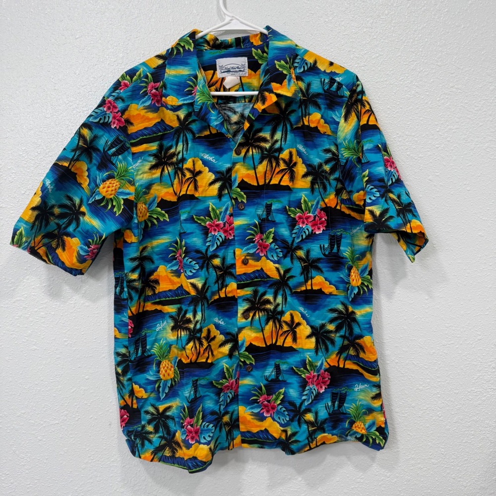 Island Aloha Wear Mens XL Blue Tropical Palm Tree Pineapple Cotton Hawaii Shirt